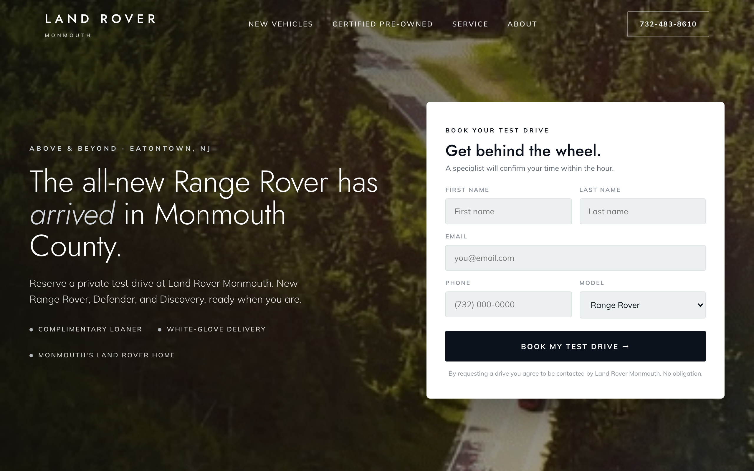 Land Rover Monmouth test-drive landing page, built in your brand