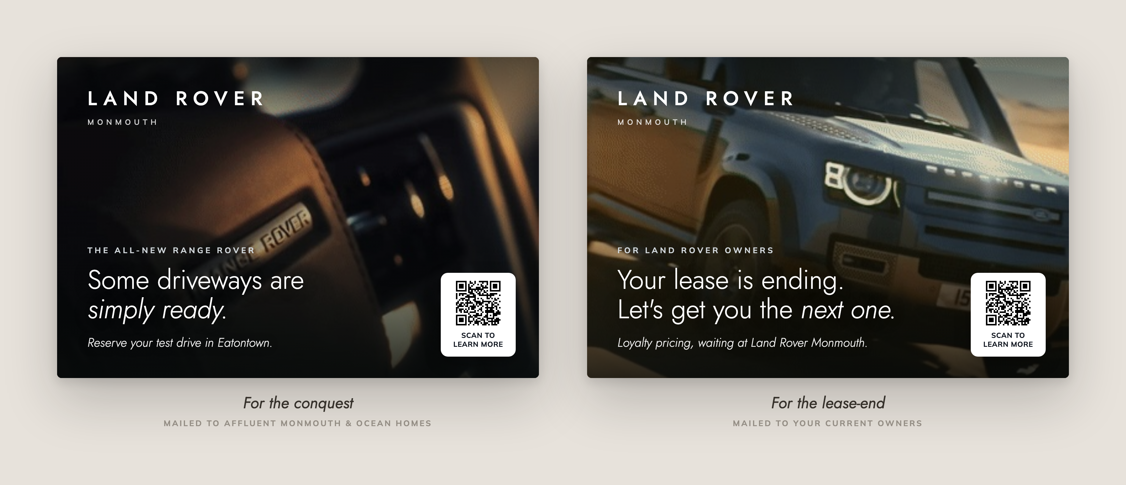 Two sample Land Rover Monmouth postcards, one conquest and one lease-end, designed in the Land Rover brand